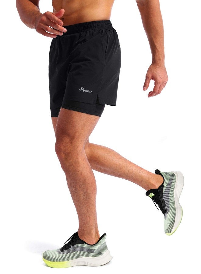 Pudolla Men’s 2 in 1 Running Shorts 5" Quick Dry Gym Athletic Workout Shorts for Men with Phone Pockets(Black Medium) - Image 3